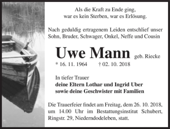 Traueranzeige von Uwe Mann (geb. Riecke)  von Magdeburger Volksstimme