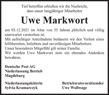 Traueranzeige von Uwe Markwort  von Magdeburger Volksstimme