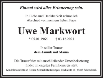 Traueranzeige von Uwe Markwort  von Magdeburger Volksstimme