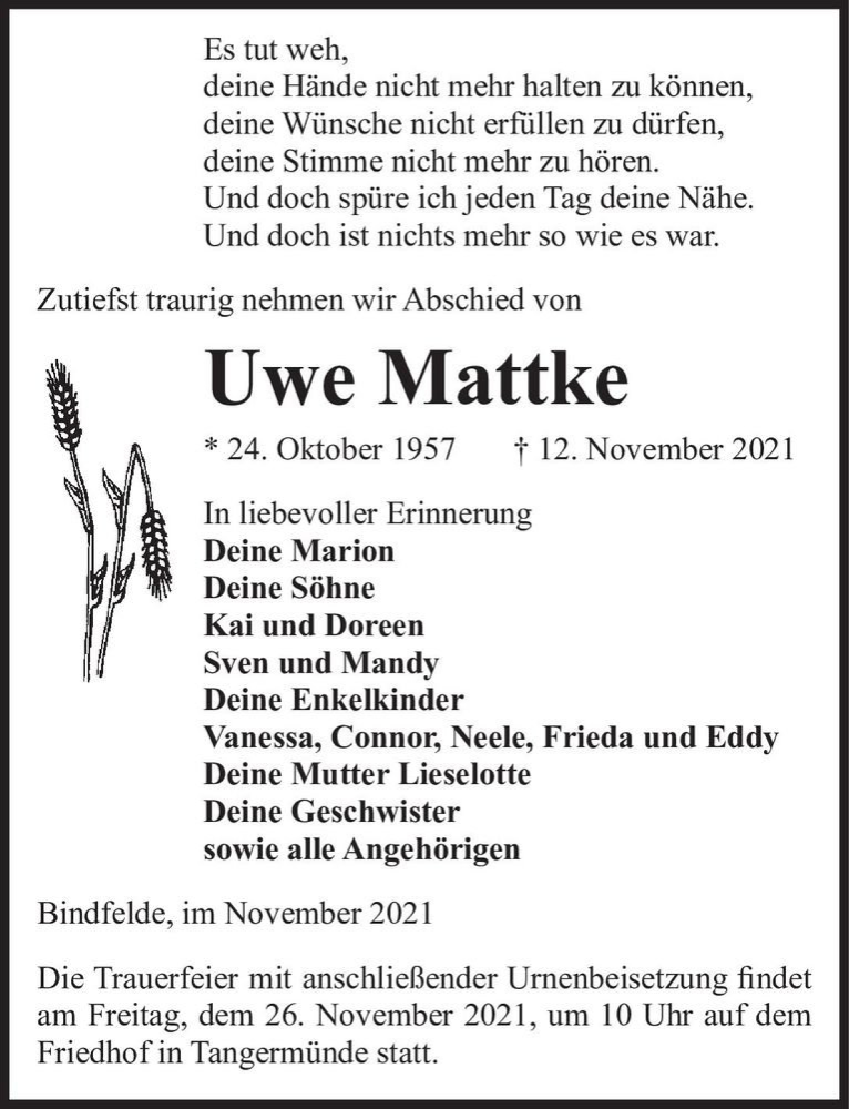  Traueranzeige für Uwe Mattke  vom 20.11.2021 aus Magdeburger Volksstimme