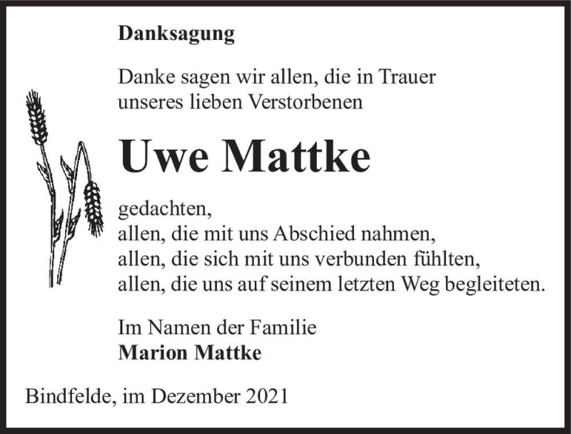  Traueranzeige für Uwe Mattke  vom 18.12.2021 aus Magdeburger Volksstimme