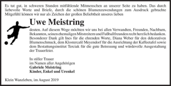 Traueranzeige von Uwe Meistring  von Magdeburger Volksstimme