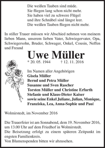 Traueranzeige von Uwe Müller  von Magdeburger Volksstimme