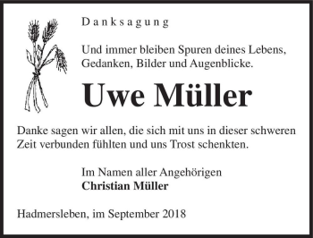 Traueranzeige von Uwe Müller  von Magdeburger Volksstimme