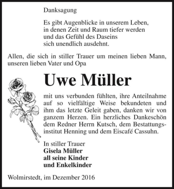 Traueranzeige von Uwe Müller  von Magdeburger Volksstimme