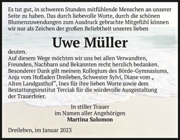 Traueranzeige von Uwe Müller  von Magdeburger Volksstimme