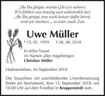 Traueranzeige von Uwe Müller  von Magdeburger Volksstimme