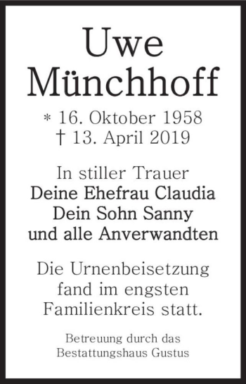 Traueranzeige von Uwe Münchhoff  von Magdeburger Volksstimme