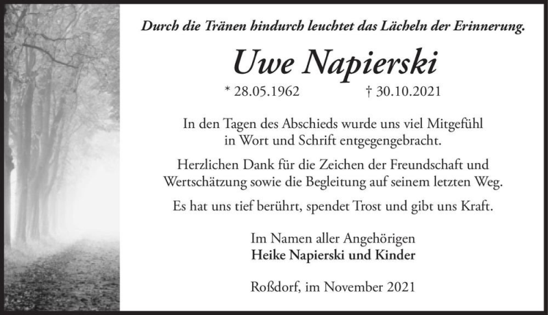  Traueranzeige für Uwe Napierski  vom 27.11.2021 aus Magdeburger Volksstimme