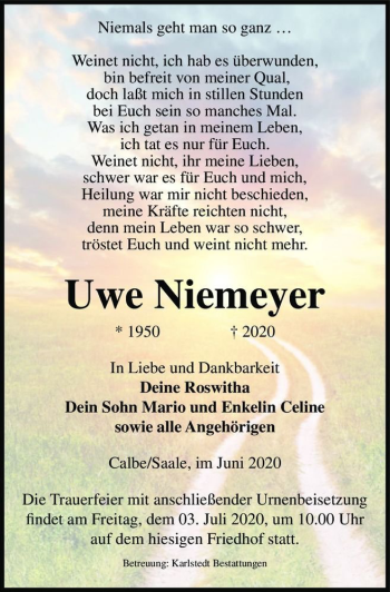 Traueranzeige von Uwe Niemeyer  von Magdeburger Volksstimme