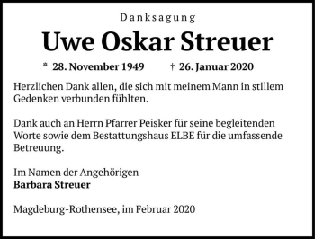 Traueranzeige von Uwe Oskar Streuer  von Magdeburger Volksstimme