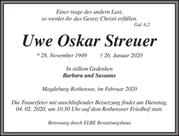 Traueranzeige von Uwe Oskar Streuer  von Magdeburger Volksstimme
