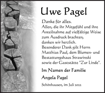 Traueranzeige von Uwe Pagel  von Magdeburger Volksstimme