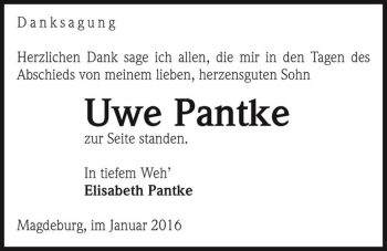 Traueranzeige von Uwe Pantke  von Magdeburger Volksstimme