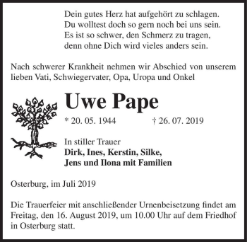 Traueranzeige von Uwe Pape  von Magdeburger Volksstimme