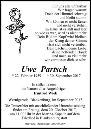 Traueranzeige von Uwe Partsch  von Magdeburger Volksstimme