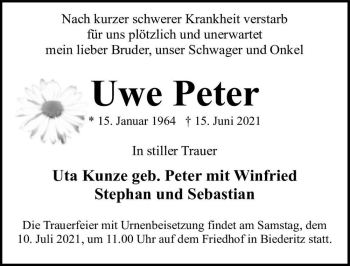 Traueranzeige von Uwe Peter  von Magdeburger Volksstimme