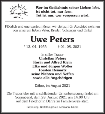 Traueranzeige von Uwe Peters  von Magdeburger Volksstimme