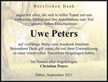 Traueranzeige von Uwe Peters  von Magdeburger Volksstimme