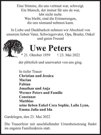 Traueranzeige von Uwe Peters  von Magdeburger Volksstimme