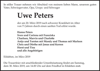 Traueranzeige von Uwe Peters  von Magdeburger Volksstimme