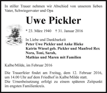 Traueranzeige von Uwe Pickler  von Magdeburger Volksstimme