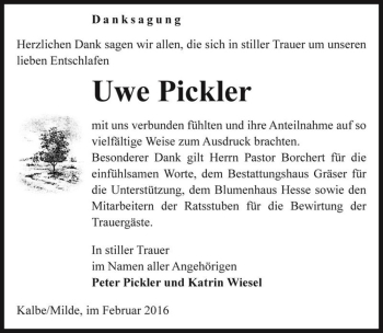 Traueranzeige von Uwe Pickler  von Magdeburger Volksstimme