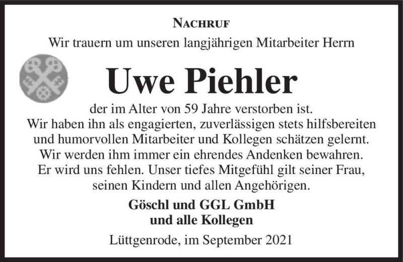  Traueranzeige für Uwe Piehler  vom 25.09.2021 aus Magdeburger Volksstimme