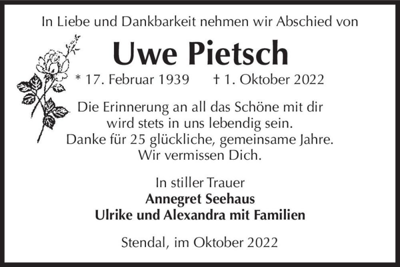  Traueranzeige für Uwe Pietsch  vom 07.10.2022 aus Magdeburger Volksstimme
