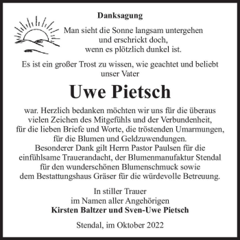 Traueranzeige von Uwe Pietsch  von Magdeburger Volksstimme