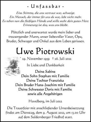 Traueranzeige von Uwe Piotrowski  von Magdeburger Volksstimme