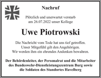 Traueranzeige von Uwe Piotrowski  von Magdeburger Volksstimme