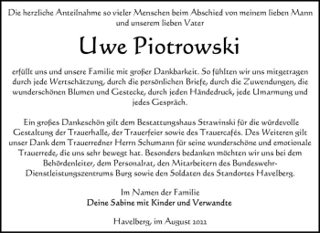 Traueranzeige von Uwe Piotrowski  von Magdeburger Volksstimme