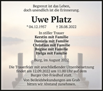 Traueranzeige von Uwe Platz  von Magdeburger Volksstimme