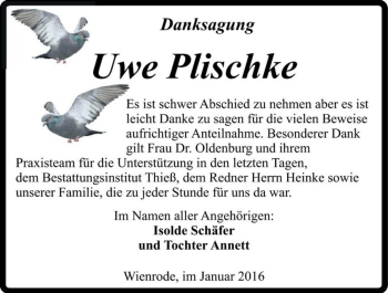 Traueranzeige von Uwe Plischke  von Magdeburger Volksstimme