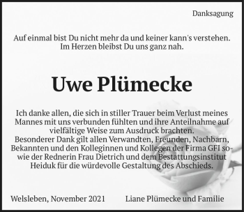 Traueranzeige von Uwe Plümecke  von Magdeburger Volksstimme