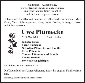 Traueranzeige von Uwe Plümecke  von Magdeburger Volksstimme