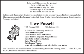 Traueranzeige von Uwe Posselt  von Magdeburger Volksstimme