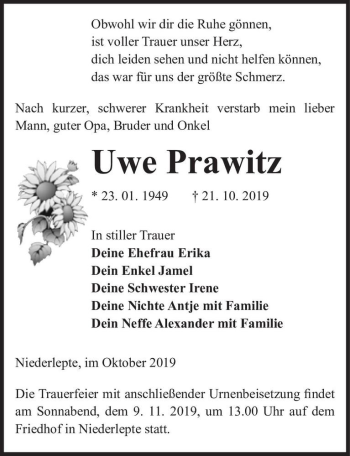 Traueranzeige von Uwe Prawitz  von Magdeburger Volksstimme