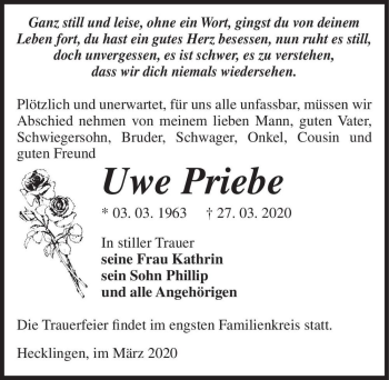 Traueranzeige von Uwe Priebe  von Magdeburger Volksstimme