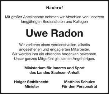 Traueranzeige von Uwe Radon  von Magdeburger Volksstimme