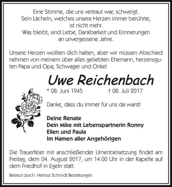 Traueranzeige von Uwe Reichenbach  von Magdeburger Volksstimme