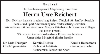 Traueranzeige von Uwe Reichert  von Magdeburger Volksstimme