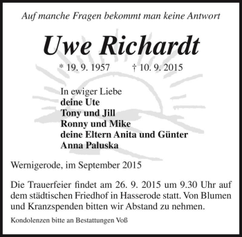 Traueranzeige von Uwe Richardt  von Magdeburger Volksstimme
