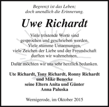 Traueranzeige von Uwe Richardt  von Magdeburger Volksstimme