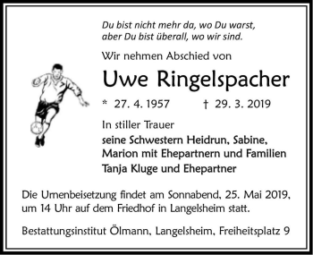 Traueranzeige von Uwe Ringelspacher  von Magdeburger Volksstimme