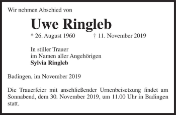 Traueranzeige von Uwe Ringleb  von Magdeburger Volksstimme