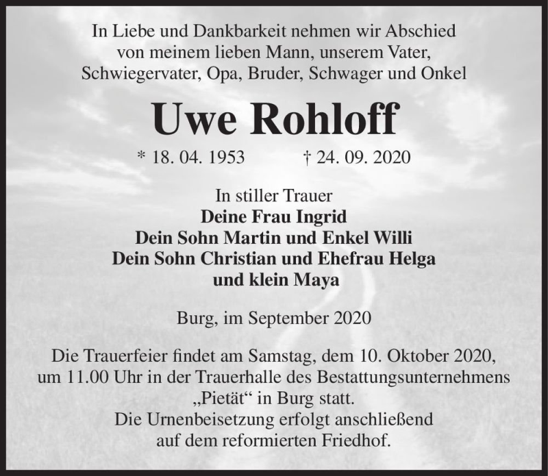  Traueranzeige für Uwe Rohloff  vom 02.10.2020 aus Magdeburger Volksstimme