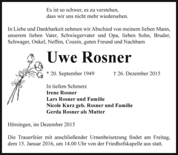 Traueranzeige von Uwe Rosner  von Magdeburger Volksstimme