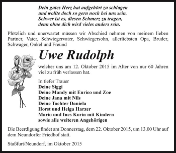 Traueranzeige von Uwe Rudolph  von Magdeburger Volksstimme
